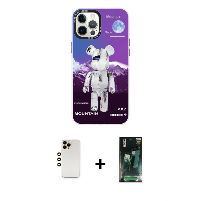 MARSİLYAN™- iPhone 12 Pro Max Kılıf Siluet Çizgi Koleksiyonu - Şeffaf 360 Full Body Arka Koruyucu + Gold Shine Kamera Lens