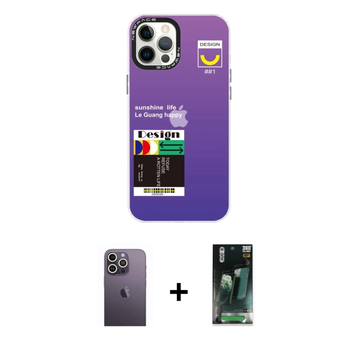 MARSİLYAN™- iPhone 12 Pro Max Kılıf Siluet Çizgi Koleksiyonu - Şeffaf 360 Full Body Arka Koruyucu + Neon Fosforlu Kamera Lens - BZ