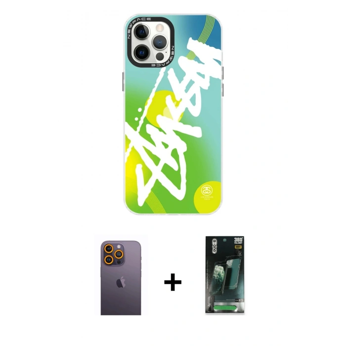 MARSİLYAN™- iPhone 12 Pro Max Kılıf Siluet Çizgi Koleksiyonu - Şeffaf 360 Full Body Arka Koruyucu + Neon Fosforlu Kamera Lens - SI