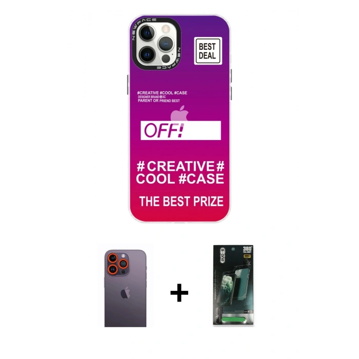 MARSİLYAN™- iPhone 12 Pro Max Kılıf Siluet Çizgi Koleksiyonu - Şeffaf 360 Full Body Arka Koruyucu + Neon Fosforlu Kamera Lens - TU