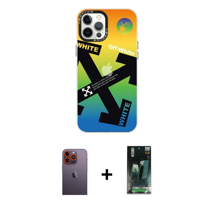 MARSİLYAN™- iPhone 12 Pro Max Kılıf Siluet Çizgi Koleksiyonu - Şeffaf 360 Full Body Arka Koruyucu + Neon Fosforlu Kamera Lens - TU