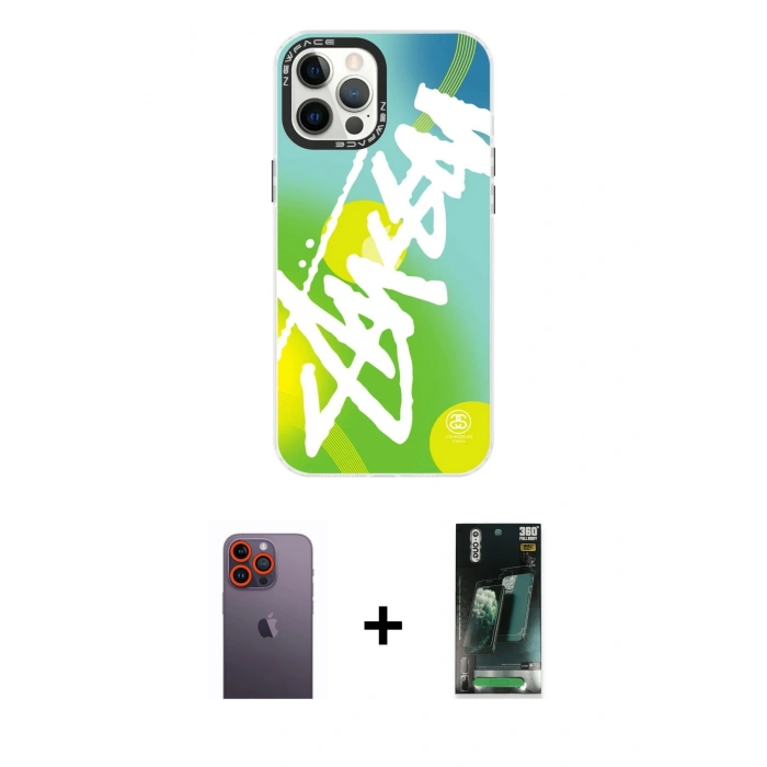 MARSİLYAN™- iPhone 12 Pro Max Kılıf Siluet Çizgi Koleksiyonu - Şeffaf 360 Full Body Arka Koruyucu + Neon Fosforlu Kamera Lens - TU