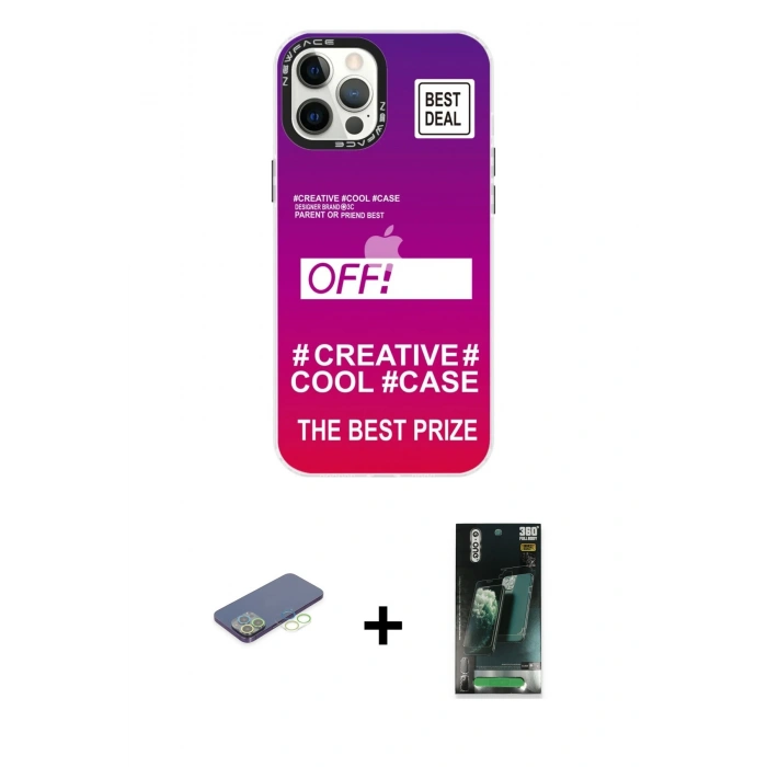 MARSİLYAN™- iPhone 12 Pro Max Kılıf Siluet Çizgi Koleksiyonu - Şeffaf 360 Full Body Arka Koruyucu + Renkli Kamera Lens Koruma Cam - YL