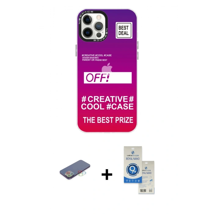 MARSİLYAN™- iPhone 12 Pro Max Kılıf Siluet Çizgi Koleksiyonu - Şeffaf Royal Nano Ekran Koruyucu + Renkli Kamera Lens Koruma Cam - MI