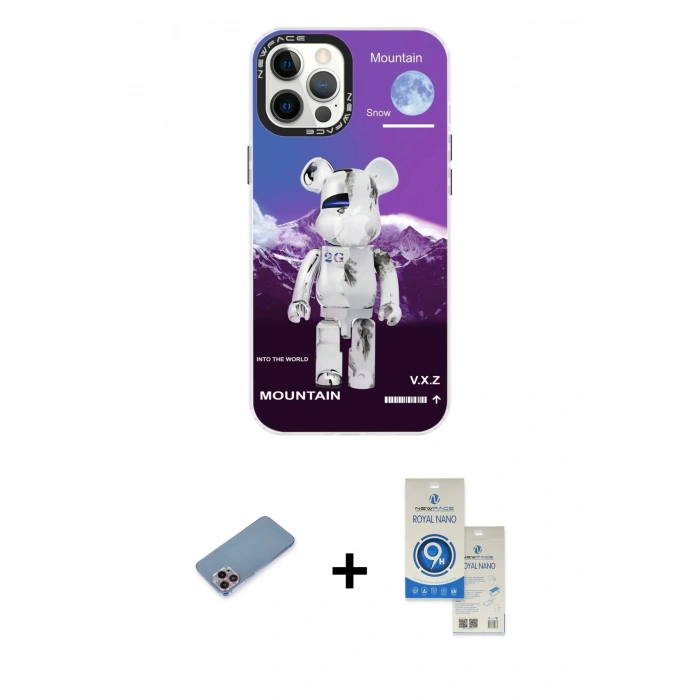 MARSİLYAN™- iPhone 12 Pro Max Kılıf Siluet Çizgi Koleksiyonu - Şeffaf Royal Nano Ekran Koruyucu + Pembe Shine Kamera Lens Koruma Cam