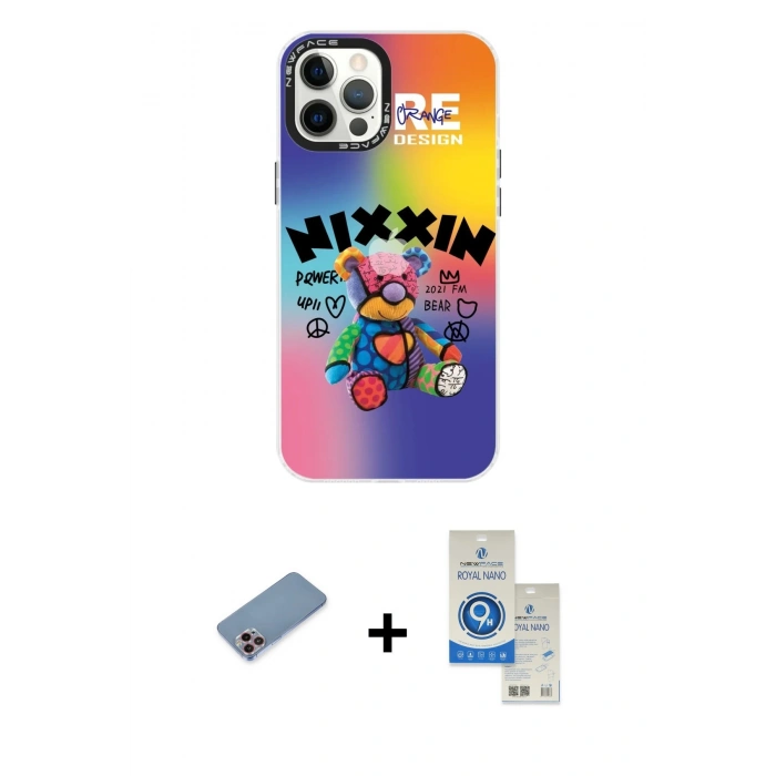 MARSİLYAN™- iPhone 12 Pro Max Kılıf Siluet Çizgi Koleksiyonu - Şeffaf Royal Nano Ekran Koruyucu + Pembe Shine Kamera Lens Koruma Cam