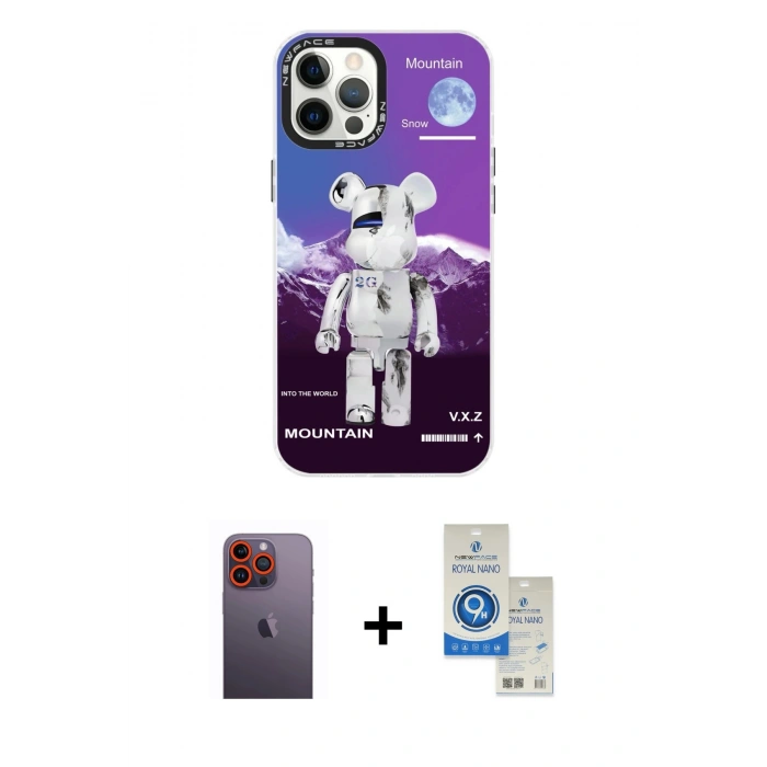 MARSİLYAN™- iPhone 12 Pro Max Kılıf Siluet Çizgi Koleksiyonu - Şeffaf Royal Nano Ekran Koruyucu + Neon Fosforlu Kamera Lens - TU