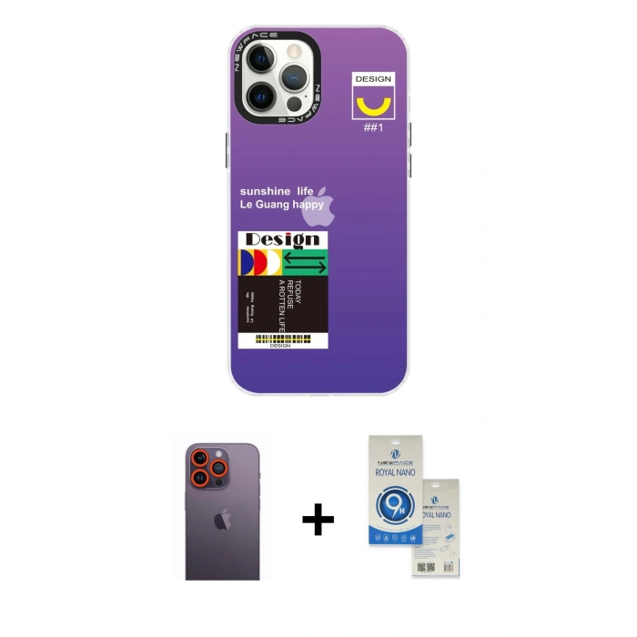 MARSİLYAN™- iPhone 12 Pro Max Kılıf Siluet Çizgi Koleksiyonu - Şeffaf Royal Nano Ekran Koruyucu + Neon Fosforlu Kamera Lens - TU