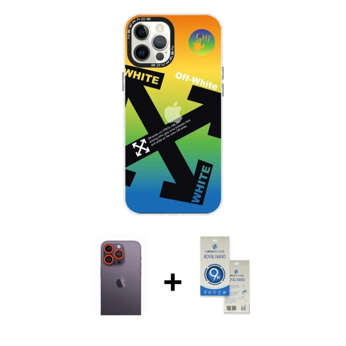 MARSİLYAN™- iPhone 12 Pro Max Kılıf Siluet Çizgi Koleksiyonu - Şeffaf Royal Nano Ekran Koruyucu + Neon Fosforlu Kamera Lens - TU