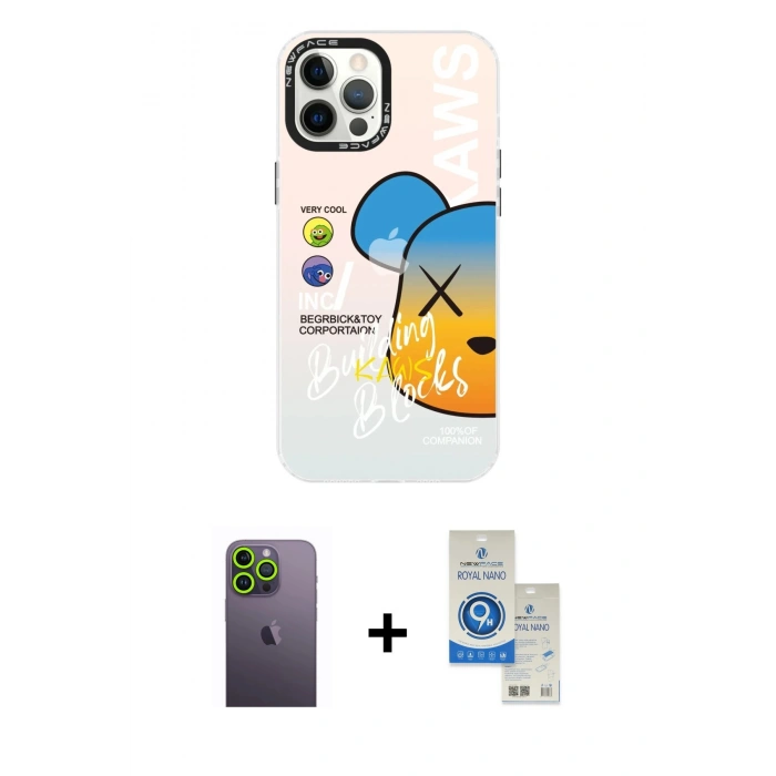 MARSİLYAN™- iPhone 12 Pro Max Kılıf Siluet Çizgi Koleksiyonu - Şeffaf Royal Nano Ekran Koruyucu + Neon Fosforlu Kamera Lens - YL