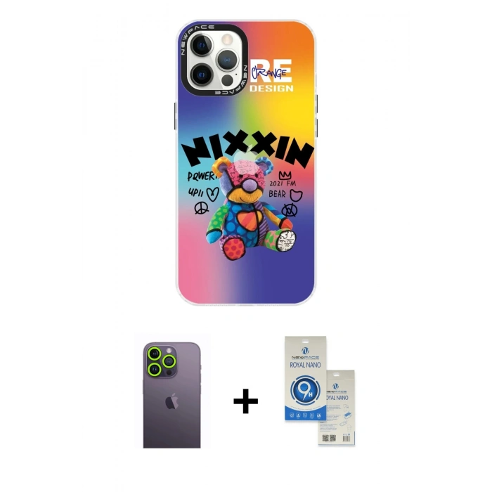 MARSİLYAN™- iPhone 12 Pro Max Kılıf Siluet Çizgi Koleksiyonu - Şeffaf Royal Nano Ekran Koruyucu + Neon Fosforlu Kamera Lens - YL