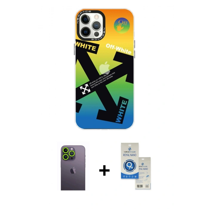 MARSİLYAN™- iPhone 12 Pro Max Kılıf Siluet Çizgi Koleksiyonu - Şeffaf Royal Nano Ekran Koruyucu + Neon Fosforlu Kamera Lens - YL