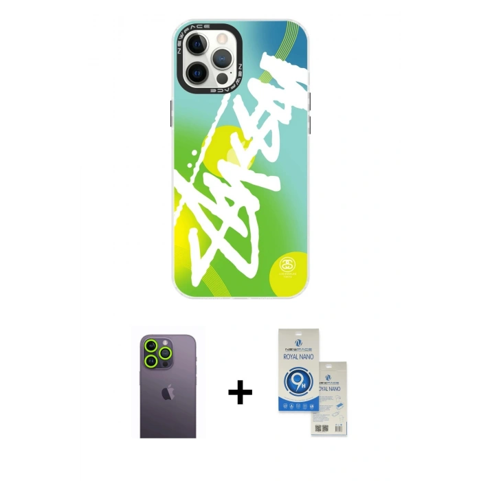 MARSİLYAN™- iPhone 12 Pro Max Kılıf Siluet Çizgi Koleksiyonu - Şeffaf Royal Nano Ekran Koruyucu + Neon Fosforlu Kamera Lens - YL