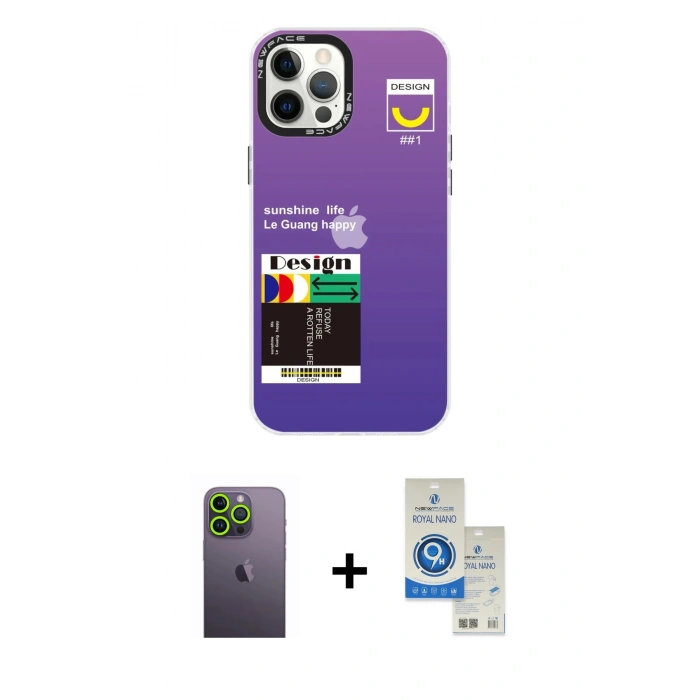MARSİLYAN™- iPhone 12 Pro Max Kılıf Siluet Çizgi Koleksiyonu - Şeffaf Royal Nano Ekran Koruyucu + Neon Fosforlu Kamera Lens - YL