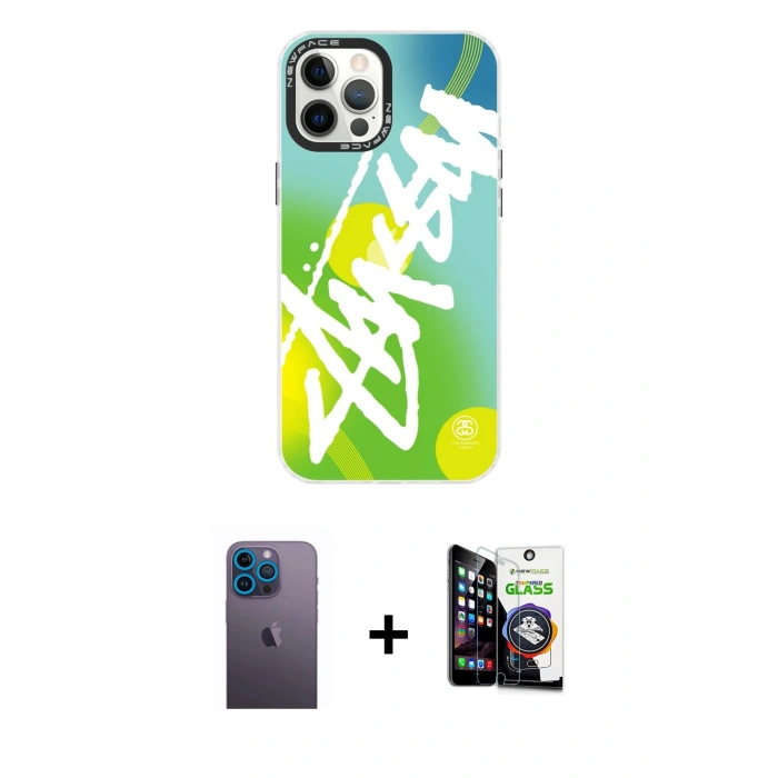 MARSİLYAN™- iPhone 12 Pro Max Kılıf Siluet Çizgi Koleksiyonu - Şeffaf Temperli Cam Ekran Koruyucu + Neon Fosforlu Kamera Lens - MI
