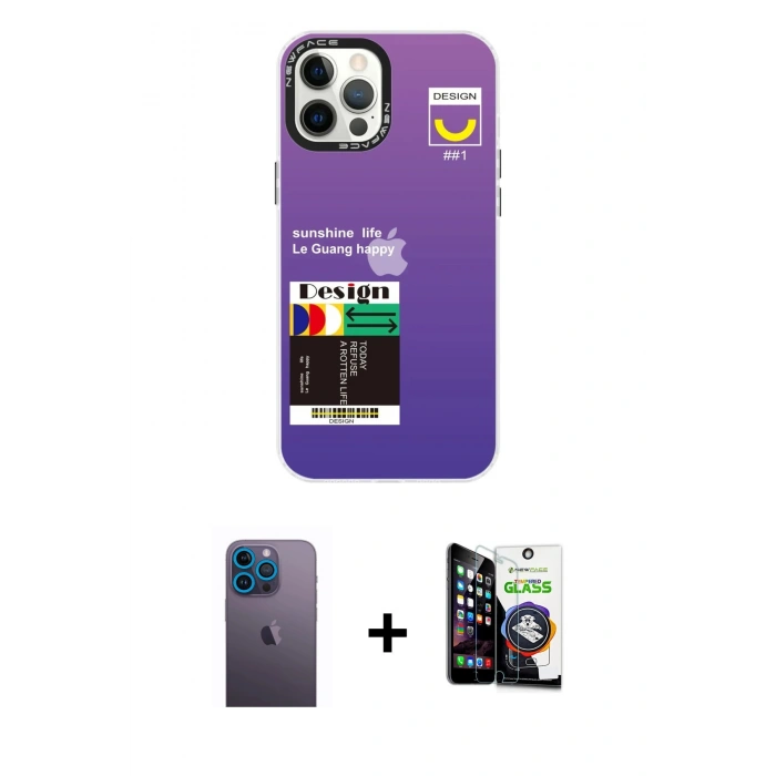 MARSİLYAN™- iPhone 12 Pro Max Kılıf Siluet Çizgi Koleksiyonu - Şeffaf Temperli Cam Ekran Koruyucu + Neon Fosforlu Kamera Lens - MI