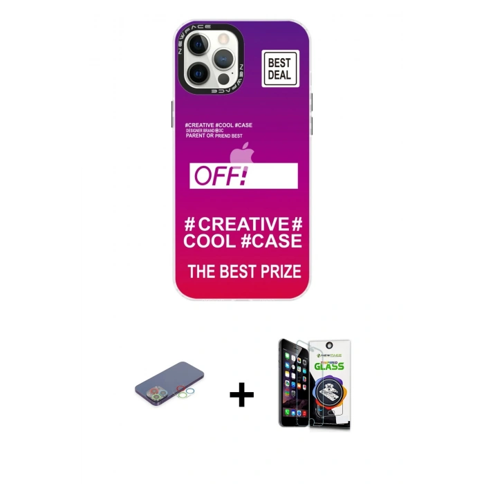 MARSİLYAN™- iPhone 12 Pro Max Kılıf Siluet Çizgi Koleksiyonu - Şeffaf Temperli Cam Ekran Koruyucu + Mavi Renkli Kamera Lens Koruma Cam