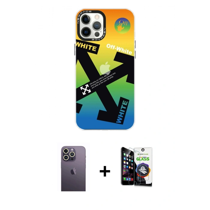 MARSİLYAN™- iPhone 12 Pro Max Kılıf Siluet Çizgi Koleksiyonu - Şeffaf Temperli Cam Ekran Koruyucu + Neon Fosforlu Kamera Lens - BZ