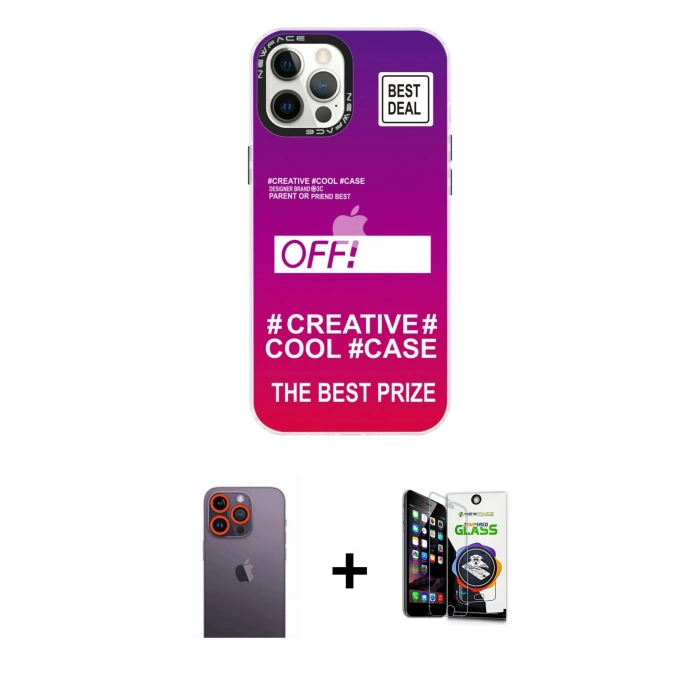MARSİLYAN™- iPhone 12 Pro Max Kılıf Siluet Çizgi Koleksiyonu - Şeffaf Temperli Cam Ekran Koruyucu + Neon Fosforlu Kamera Lens - TU