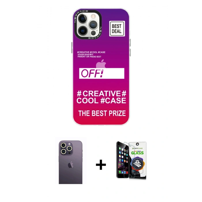 MARSİLYAN™- iPhone 12 Pro Max Kılıf Siluet Çizgi Koleksiyonu - Şeffaf Temperli Cam Ekran Koruyucu + Neon Fosforlu Kamera Lens - BZ