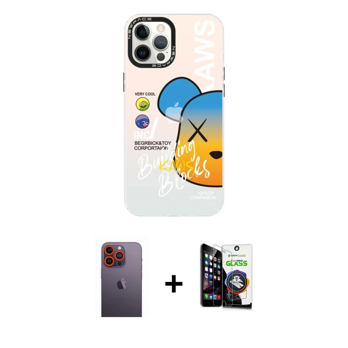 MARSİLYAN™- iPhone 12 Pro Max Kılıf Siluet Çizgi Koleksiyonu - Şeffaf Temperli Cam Ekran Koruyucu + Neon Fosforlu Kamera Lens - TU