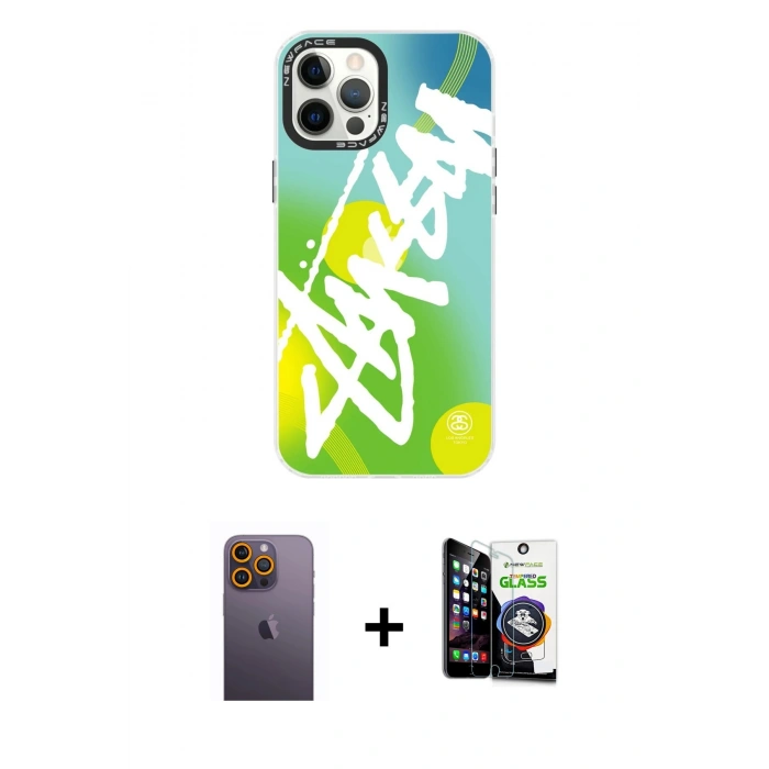 MARSİLYAN™- iPhone 12 Pro Max Kılıf Siluet Çizgi Koleksiyonu - Şeffaf Temperli Cam Ekran Koruyucu + Neon Fosforlu Kamera Lens - SI