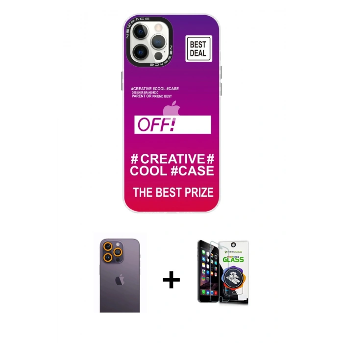 MARSİLYAN™- iPhone 12 Pro Max Kılıf Siluet Çizgi Koleksiyonu - Şeffaf Temperli Cam Ekran Koruyucu + Neon Fosforlu Kamera Lens - SI