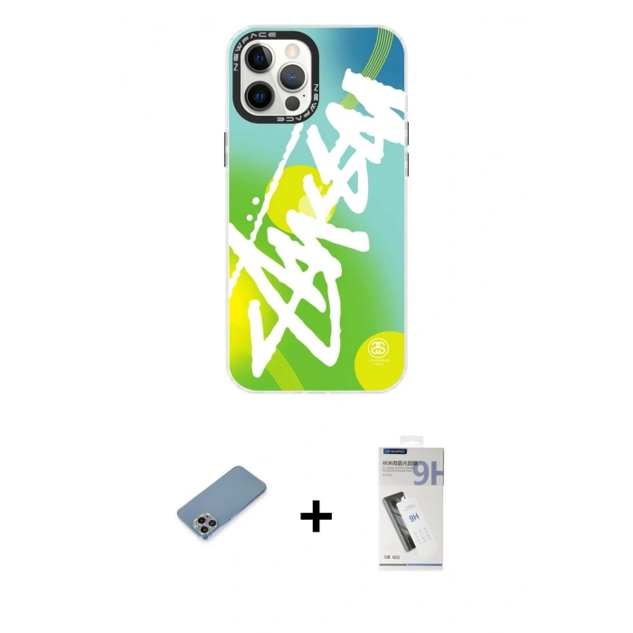 MARSİLYAN™- iPhone 12 Pro Max Kılıf Siluet Çizgi Koleksiyonu - Şeffaf Uv Polymer Nano Ekran Koruyucu + Gökkuşağı Shine Kamera Lens Koruma Cam