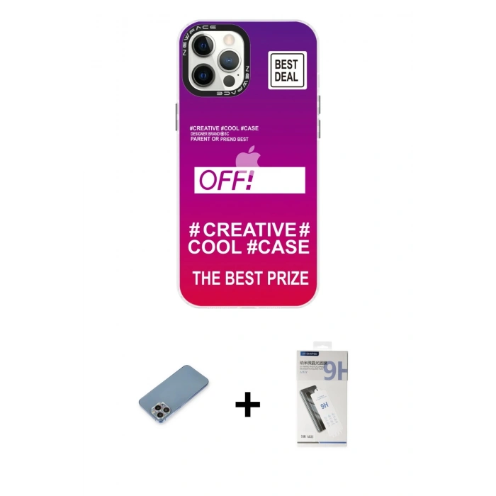 MARSİLYAN™- iPhone 12 Pro Max Kılıf Siluet Çizgi Koleksiyonu - Şeffaf Uv Polymer Nano Ekran Koruyucu + Gökkuşağı Shine Kamera Lens Koruma Cam