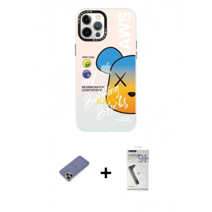 MARSİLYAN™- iPhone 12 Pro Max Kılıf Siluet Çizgi Koleksiyonu - Şeffaf Uv Polymer Nano Ekran Koruyucu + Metal Kamera Lens Koruma Cam - GD