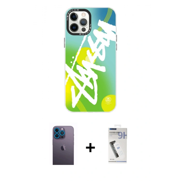 MARSİLYAN™- iPhone 12 Pro Max Kılıf Siluet Çizgi Koleksiyonu - Şeffaf Uv Polymer Nano Ekran Koruyucu + Neon Fosforlu Kamera Lens - MI