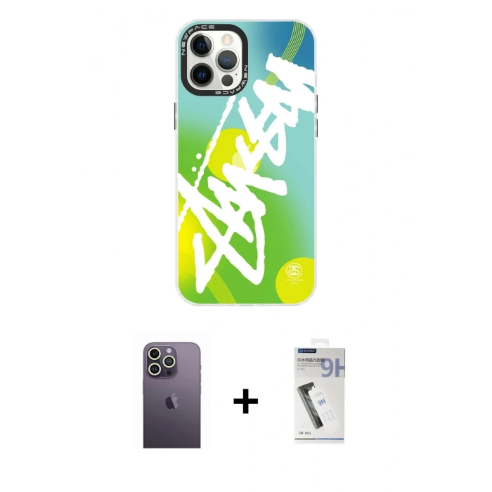 MARSİLYAN™- iPhone 12 Pro Max Kılıf Siluet Çizgi Koleksiyonu - Şeffaf Uv Polymer Nano Ekran Koruyucu + Neon Fosforlu Kamera Lens - BZ