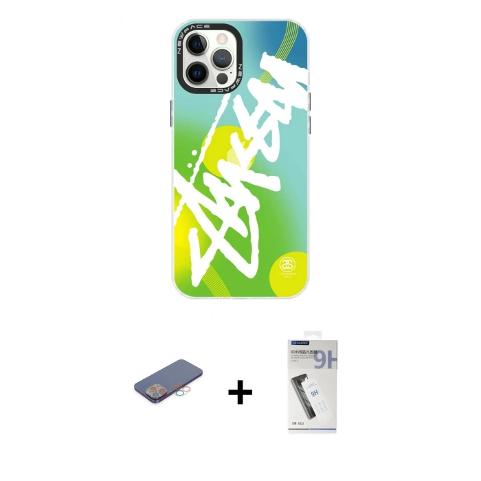 MARSİLYAN™- iPhone 12 Pro Max Kılıf Siluet Çizgi Koleksiyonu - Şeffaf Uv Polymer Nano Ekran Koruyucu + Renkli Kamera Lens Koruma Cam - PE