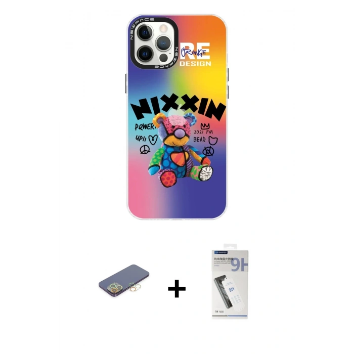 MARSİLYAN™- iPhone 12 Pro Max Kılıf Siluet Çizgi Koleksiyonu - Şeffaf Uv Polymer Nano Ekran Koruyucu + Renkli Kamera Lens Koruma Cam - SI