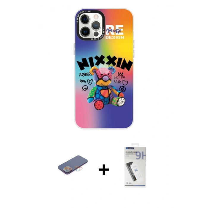 MARSİLYAN™- iPhone 12 Pro Max Kılıf Siluet Çizgi Koleksiyonu - Şeffaf Uv Polymer Nano Ekran Koruyucu + Renkli Kamera Lens Koruma Cam - PE