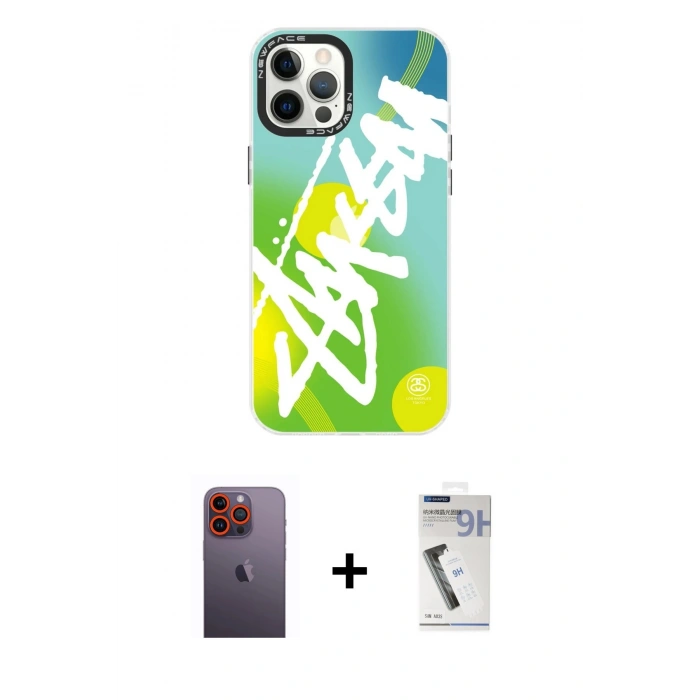 MARSİLYAN™- iPhone 12 Pro Max Kılıf Siluet Çizgi Koleksiyonu - Şeffaf Uv Polymer Nano Ekran Koruyucu + Neon Fosforlu Kamera Lens - TU
