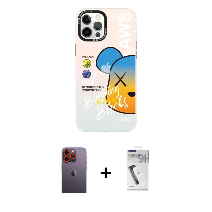 MARSİLYAN™- iPhone 12 Pro Max Kılıf Siluet Çizgi Koleksiyonu - Şeffaf Uv Polymer Nano Ekran Koruyucu + Neon Fosforlu Kamera Lens - TU