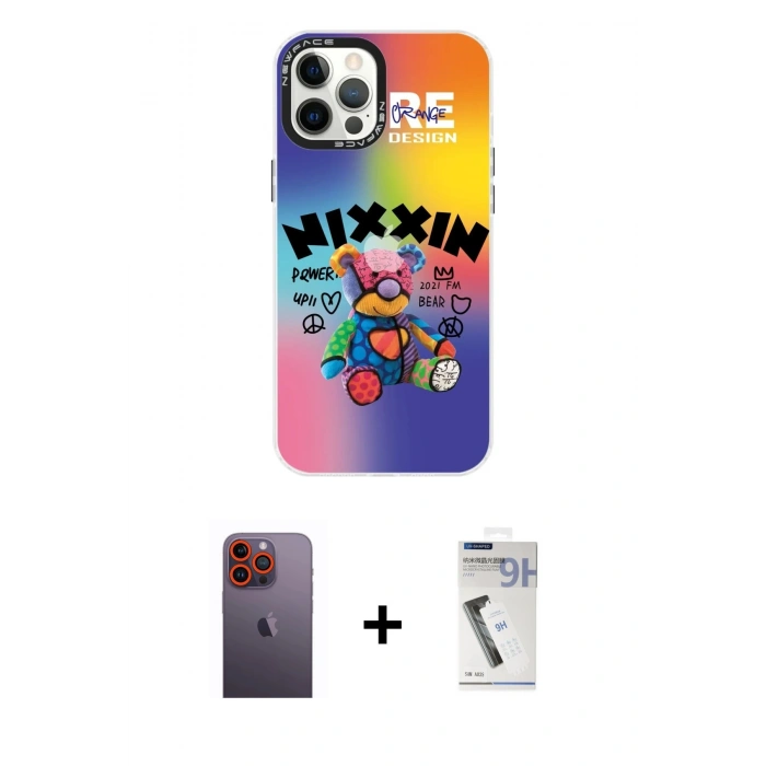 MARSİLYAN™- iPhone 12 Pro Max Kılıf Siluet Çizgi Koleksiyonu - Şeffaf Uv Polymer Nano Ekran Koruyucu + Neon Fosforlu Kamera Lens - TU