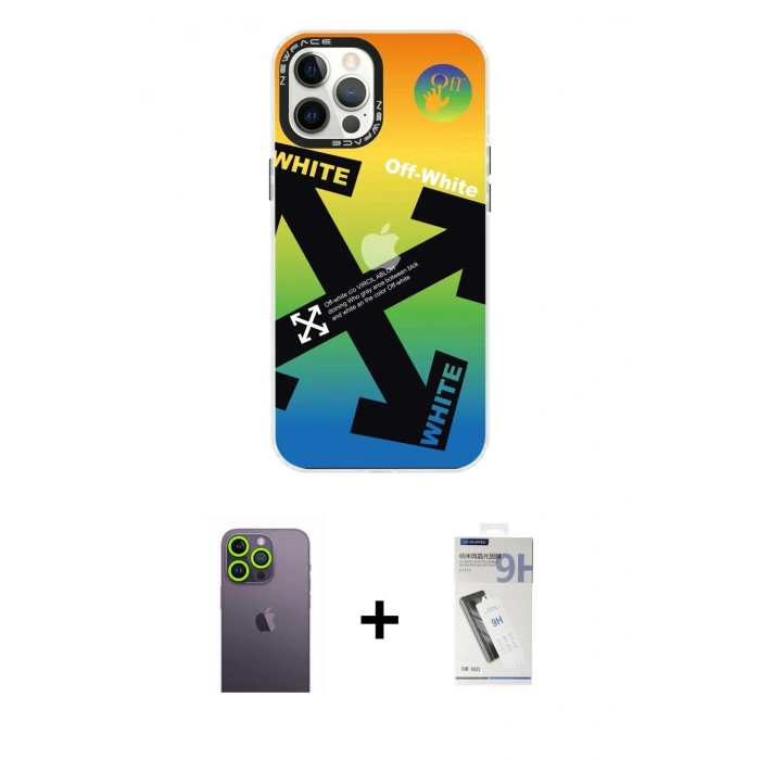 MARSİLYAN™- iPhone 12 Pro Max Kılıf Siluet Çizgi Koleksiyonu - Şeffaf Uv Polymer Nano Ekran Koruyucu + Neon Fosforlu Kamera Lens - YL