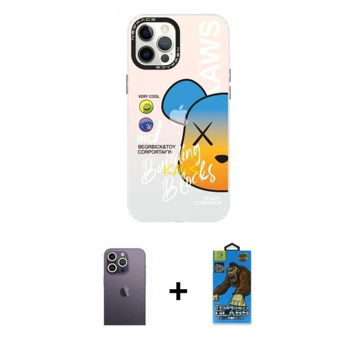 MARSİLYAN™- iPhone 12 Pro Max Kılıf Siluet Çizgi Koleksiyonu - Siyah 18D Cam Ekran Koruyucu + Neon Fosforlu Kamera Lens - BZ