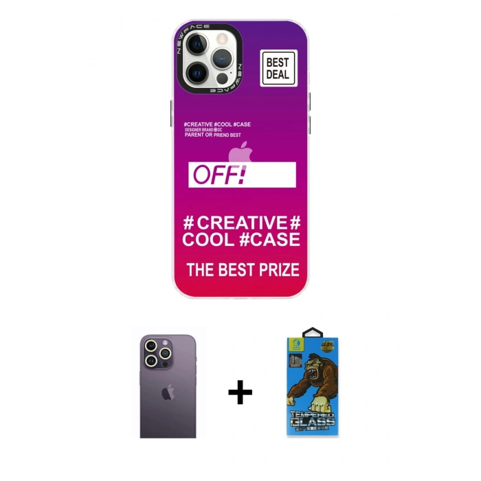 MARSİLYAN™- iPhone 12 Pro Max Kılıf Siluet Çizgi Koleksiyonu - Siyah 18D Cam Ekran Koruyucu + Neon Fosforlu Kamera Lens - BZ