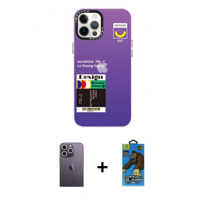 MARSİLYAN™- iPhone 12 Pro Max Kılıf Siluet Çizgi Koleksiyonu - Siyah 18D Cam Ekran Koruyucu + Neon Fosforlu Kamera Lens - BZ