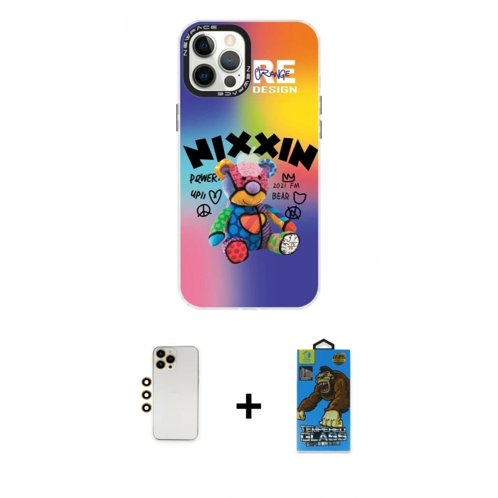 MARSİLYAN™- iPhone 12 Pro Max Kılıf Siluet Çizgi Koleksiyonu - Siyah 18D Cam Ekran Koruyucu + Gold Shine Kamera Lens