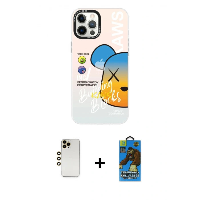 MARSİLYAN™- iPhone 12 Pro Max Kılıf Siluet Çizgi Koleksiyonu - Siyah 18D Cam Ekran Koruyucu + Gold Shine Kamera Lens