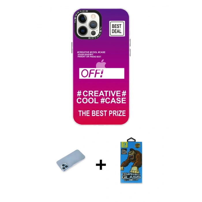 MARSİLYAN™- iPhone 12 Pro Max Kılıf Siluet Çizgi Koleksiyonu - Siyah 18D Cam Ekran Koruyucu + Mavi Shine Kamera Lens Koruma Cam