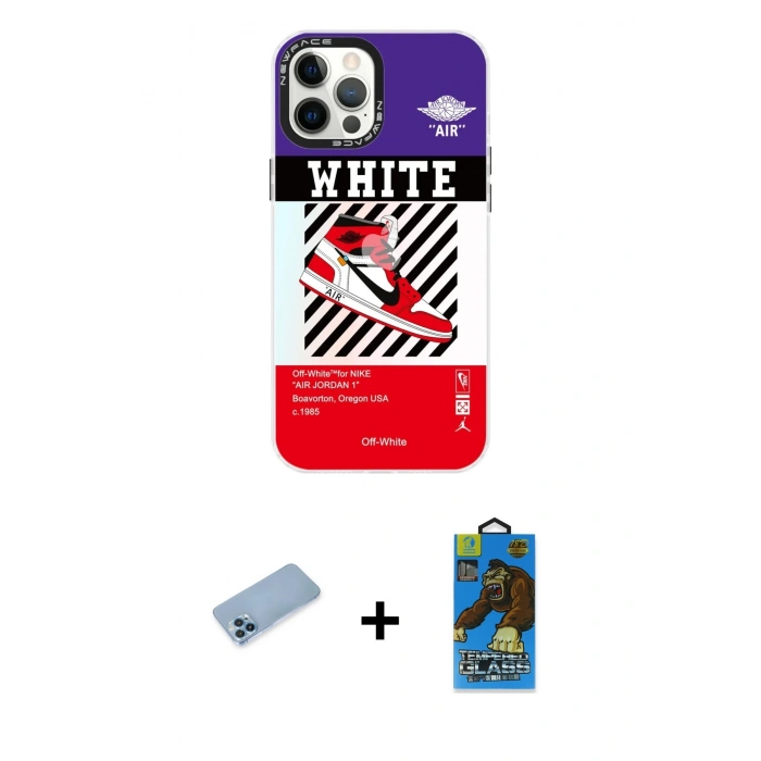 MARSİLYAN™- iPhone 12 Pro Max Kılıf Siluet Çizgi Koleksiyonu - Siyah 18D Cam Ekran Koruyucu + Mavi Shine Kamera Lens Koruma Cam