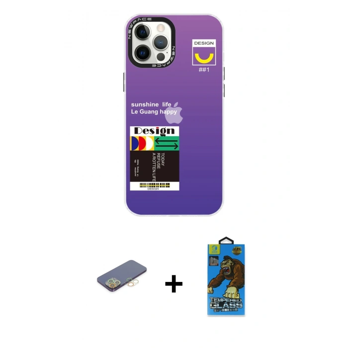 MARSİLYAN™- iPhone 12 Pro Max Kılıf Siluet Çizgi Koleksiyonu - Siyah 18D Cam Ekran Koruyucu + Renkli Kamera Lens Koruma Cam - SI