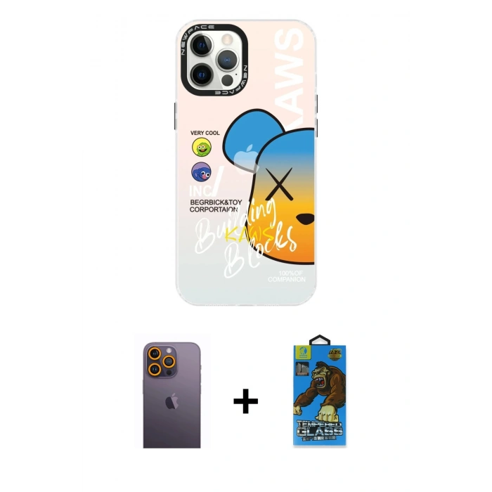 MARSİLYAN™- iPhone 12 Pro Max Kılıf Siluet Çizgi Koleksiyonu - Siyah 18D Cam Ekran Koruyucu + Neon Fosforlu Kamera Lens - SI