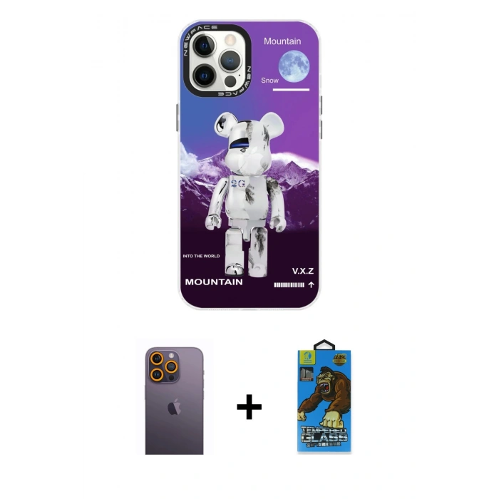 MARSİLYAN™- iPhone 12 Pro Max Kılıf Siluet Çizgi Koleksiyonu - Siyah 18D Cam Ekran Koruyucu + Neon Fosforlu Kamera Lens - SI