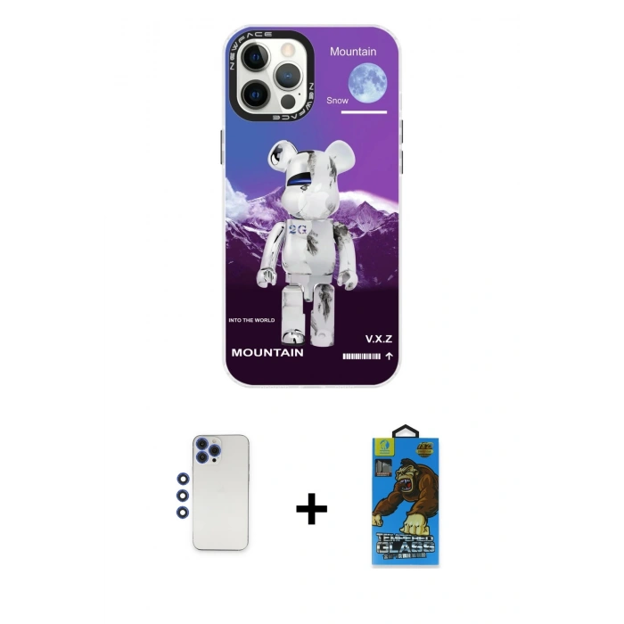 MARSİLYAN™- iPhone 12 Pro Max Kılıf Siluet Çizgi Koleksiyonu - Siyah 18D Cam Ekran Koruyucu + Shine Kamera Lens - LT